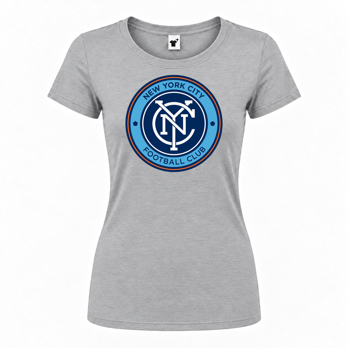 Women's New York City FC Round Neck T-Shirt — Grey — original logo on current Drive garment