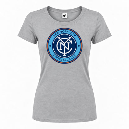 Women's New York City FC Round Neck T-Shirt — Grey — original logo on current Drive garment