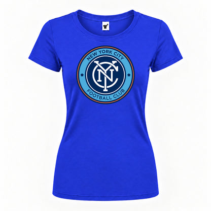 Women's New York City FC Round Neck T-Shirt — Royal Blue — original logo on current Drive garment