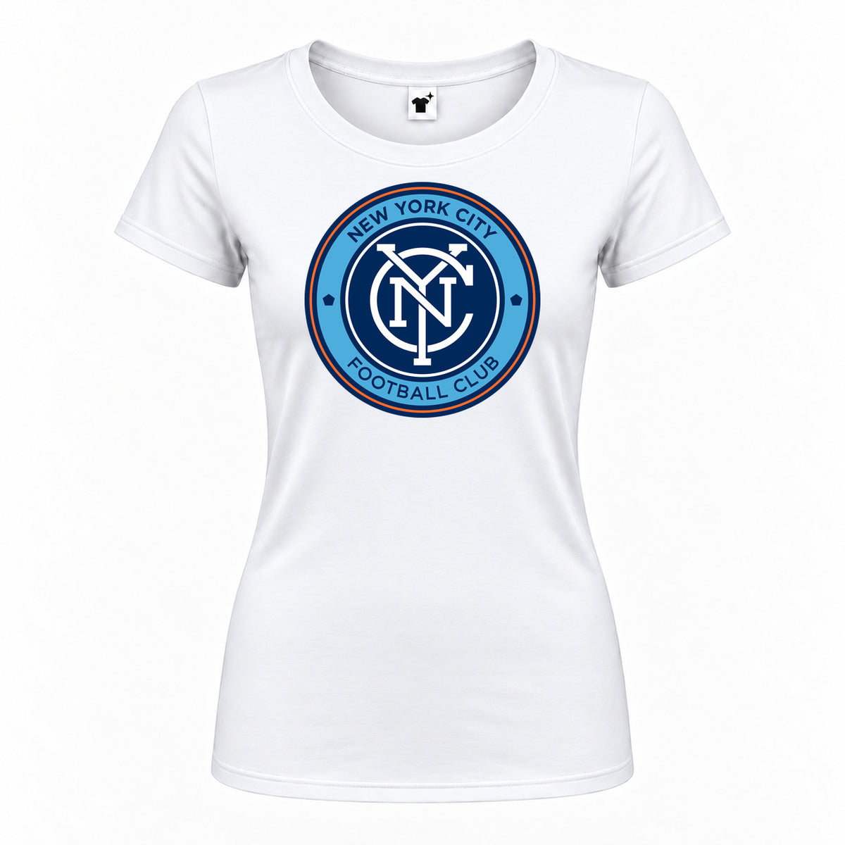 Women's New York City FC Round Neck T-Shirt — White — original logo on current Drive garment