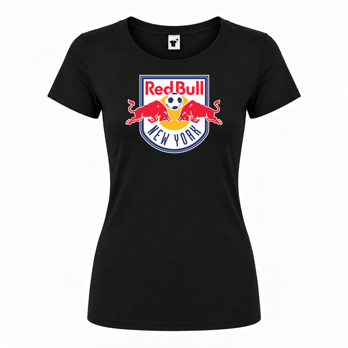 Women's New York Red Bulls FC Round Neck T-Shirt — Black — original logo on current Drive garment