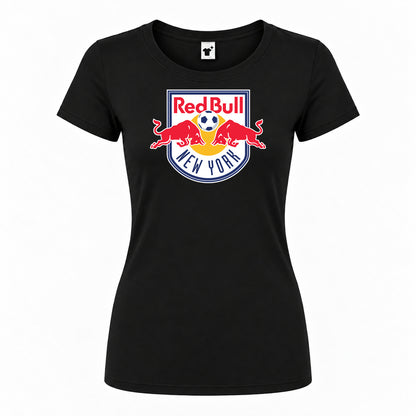 Women's New York Red Bulls FC Round Neck T-Shirt — Black — original logo on current Drive garment