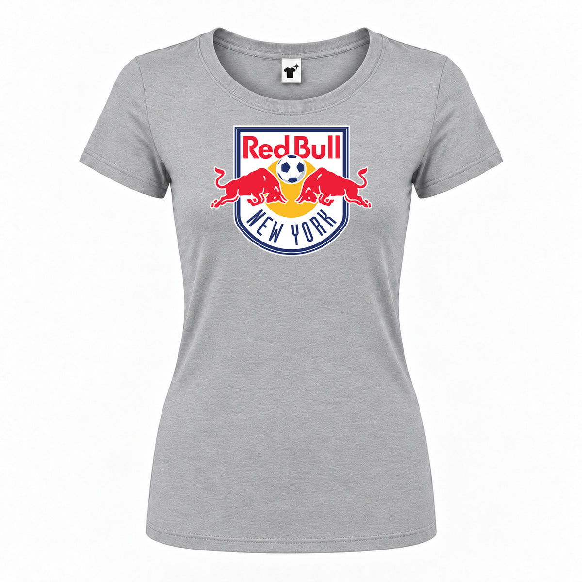 Women's New York Red Bulls FC Round Neck T-Shirt — Grey — original logo on current Drive garment