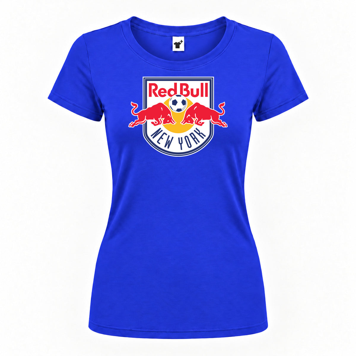 Women's New York Red Bulls FC Round Neck T-Shirt — Royal Blue — original logo on current Drive garment
