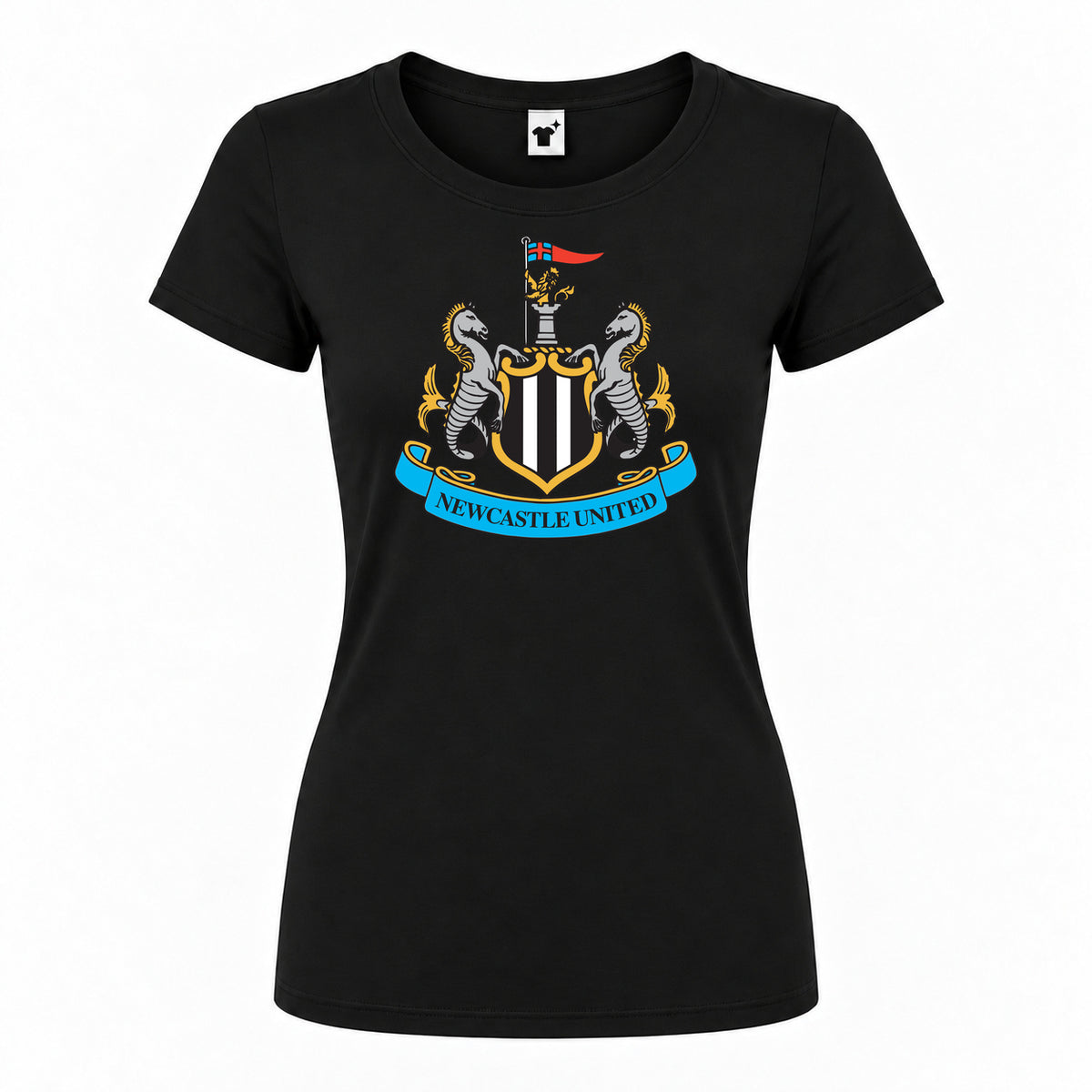 Women's Newcastle United FC Round Neck T-Shirt — Black — original logo on current Drive garment