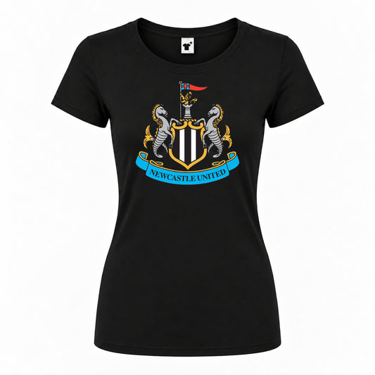 Women's Newcastle United FC Round Neck T-Shirt — Black — original logo on current Drive garment