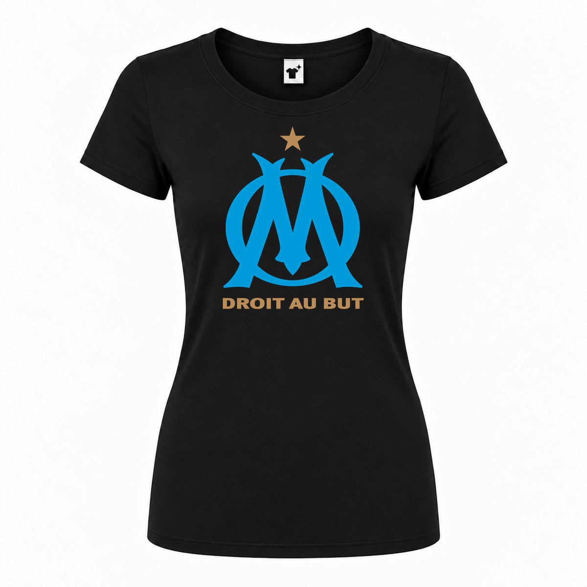Women's Olympique de Marseille FC Round Neck T-Shirt — Black — original logo on current Drive garment