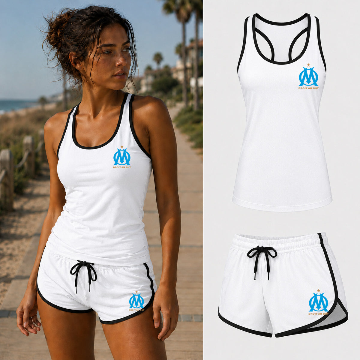 Women's Olympique de Marseille FC Tanktop and Shorts Set — White — original logo on current Drive garment