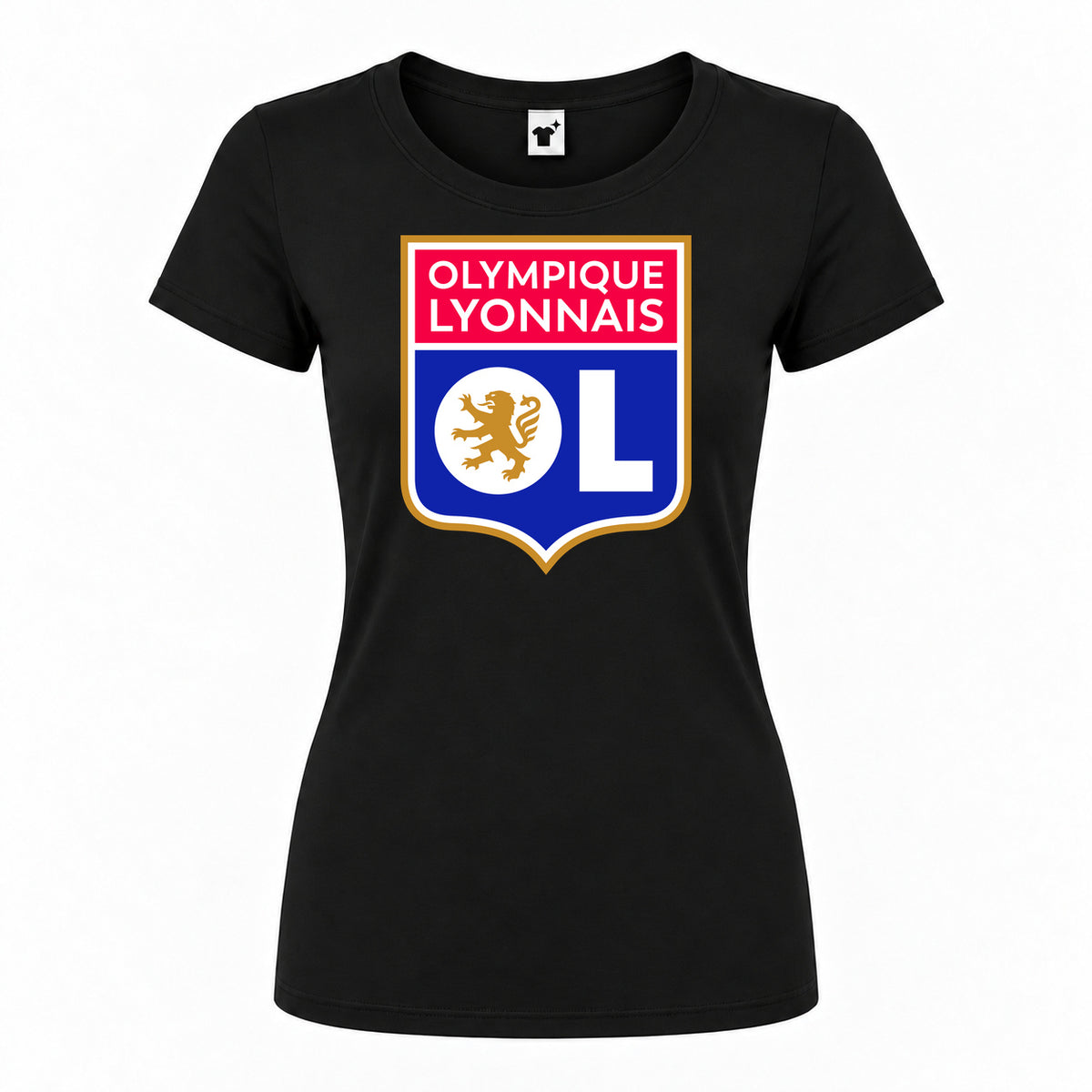 Women's Olympique Lyonnais FC Round Neck T-Shirt — Black — original logo on current Drive garment