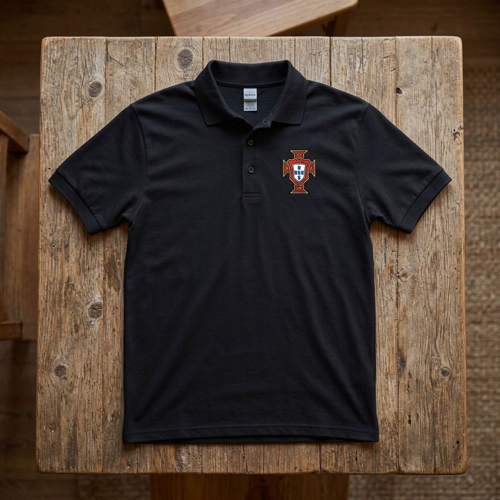 Overhead shot of Portugal soccer Dry Blend Polo on rustic wooden table, showcasing fabric details, dyed-to-match buttons, and eco-friendly dyes.