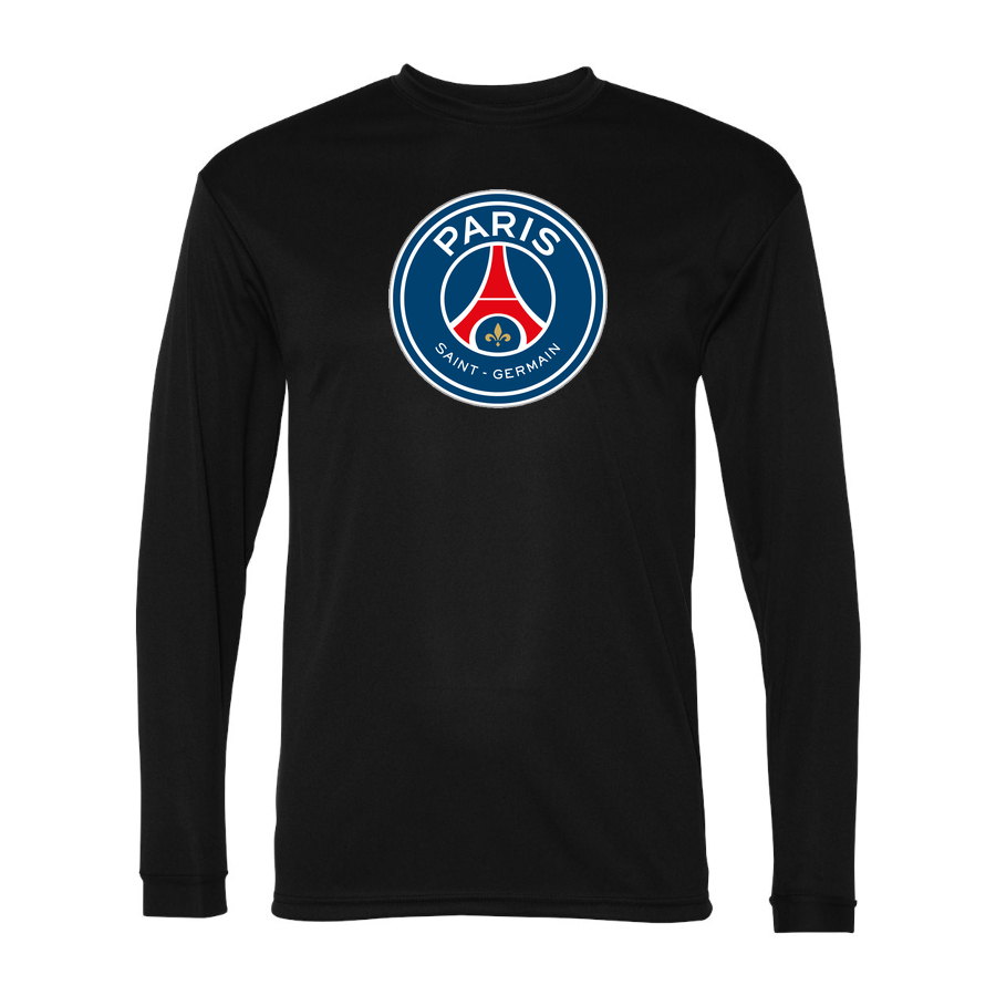 Men's Paris Saint-Germain Soccer Performance Long Sleeve T-Shirt | Color: Black | Original artwork on Drive garment
