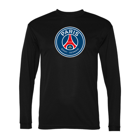 Men's Paris Saint-Germain Soccer Performance Long Sleeve T-Shirt | Color: Black | Original artwork on Drive garment