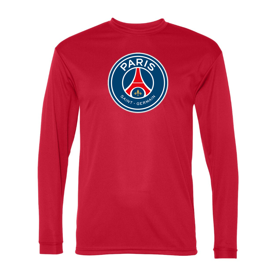 Men's Paris Saint-Germain Soccer Performance Long Sleeve T-Shirt | Color: Red | Original artwork on Drive garment
