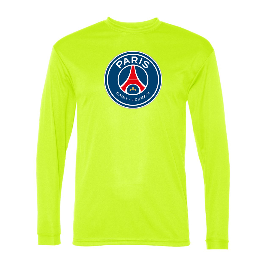 Men's Paris Saint-Germain Soccer Performance Long Sleeve T-Shirt | Color: Safety Yellow | Original artwork on Drive garment