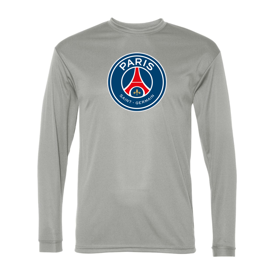 Men's Paris Saint-Germain Soccer Performance Long Sleeve T-Shirt | Color: Silver | Original artwork on Drive garment