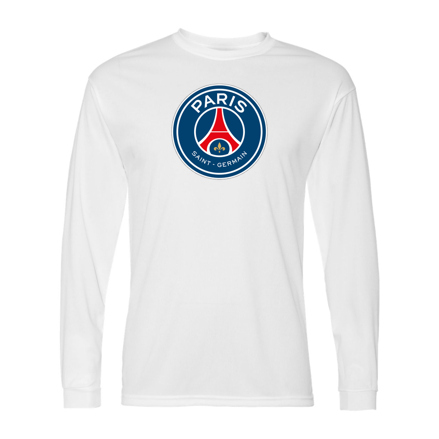 Men's Paris Saint-Germain Soccer Performance Long Sleeve T-Shirt | Color: White | Original artwork on Drive garment