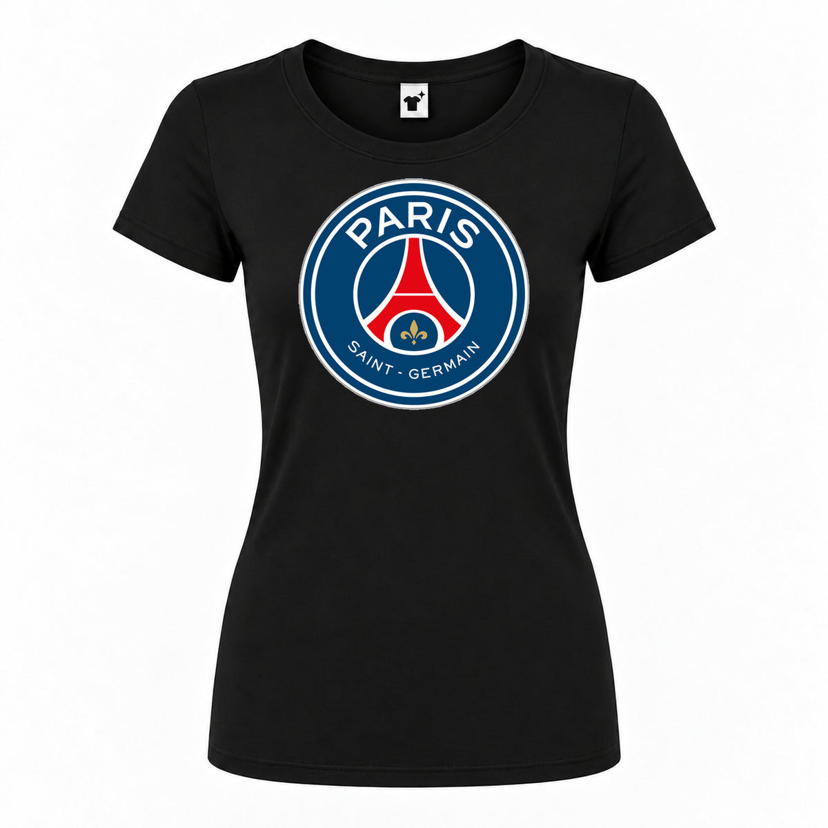 Women's Paris Saint-Germain Soccer Round Neck T-Shirt — Black — original logo on current Drive garment