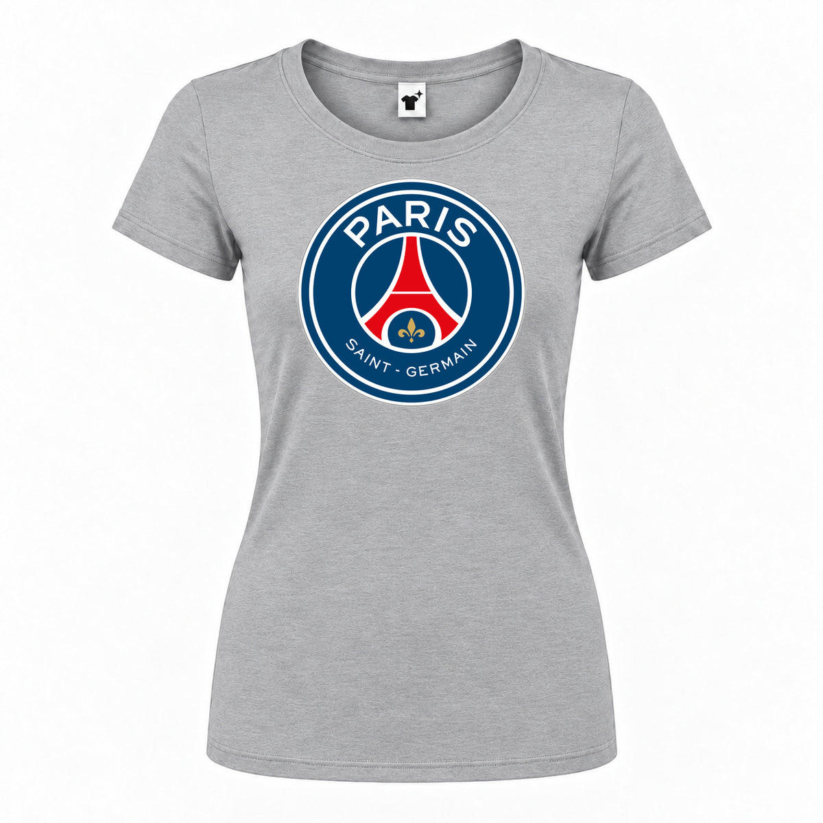 Women's Paris Saint-Germain Soccer Round Neck T-Shirt — Grey — original logo on current Drive garment