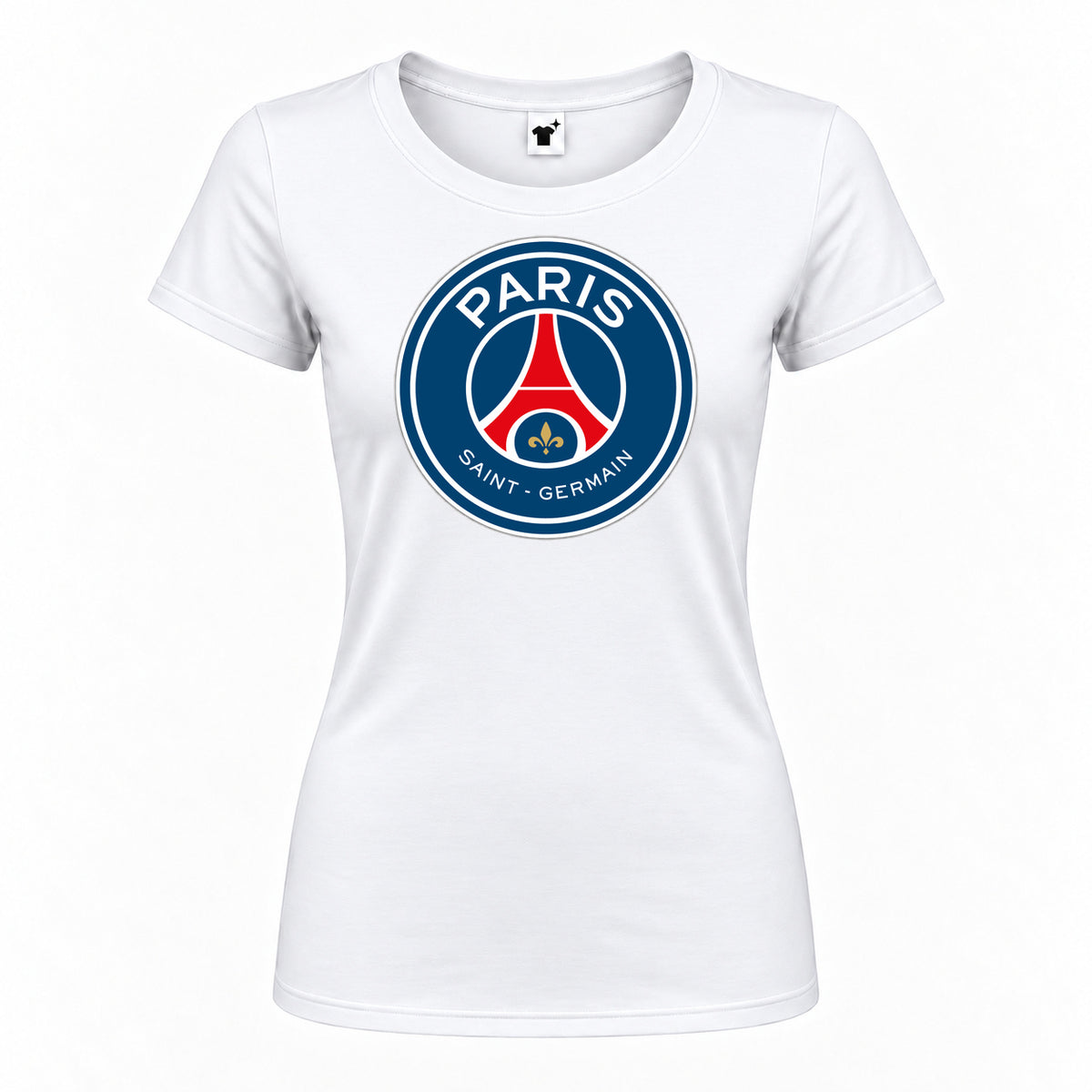 Women's Paris Saint-Germain Soccer Round Neck T-Shirt — White — original logo on current Drive garment