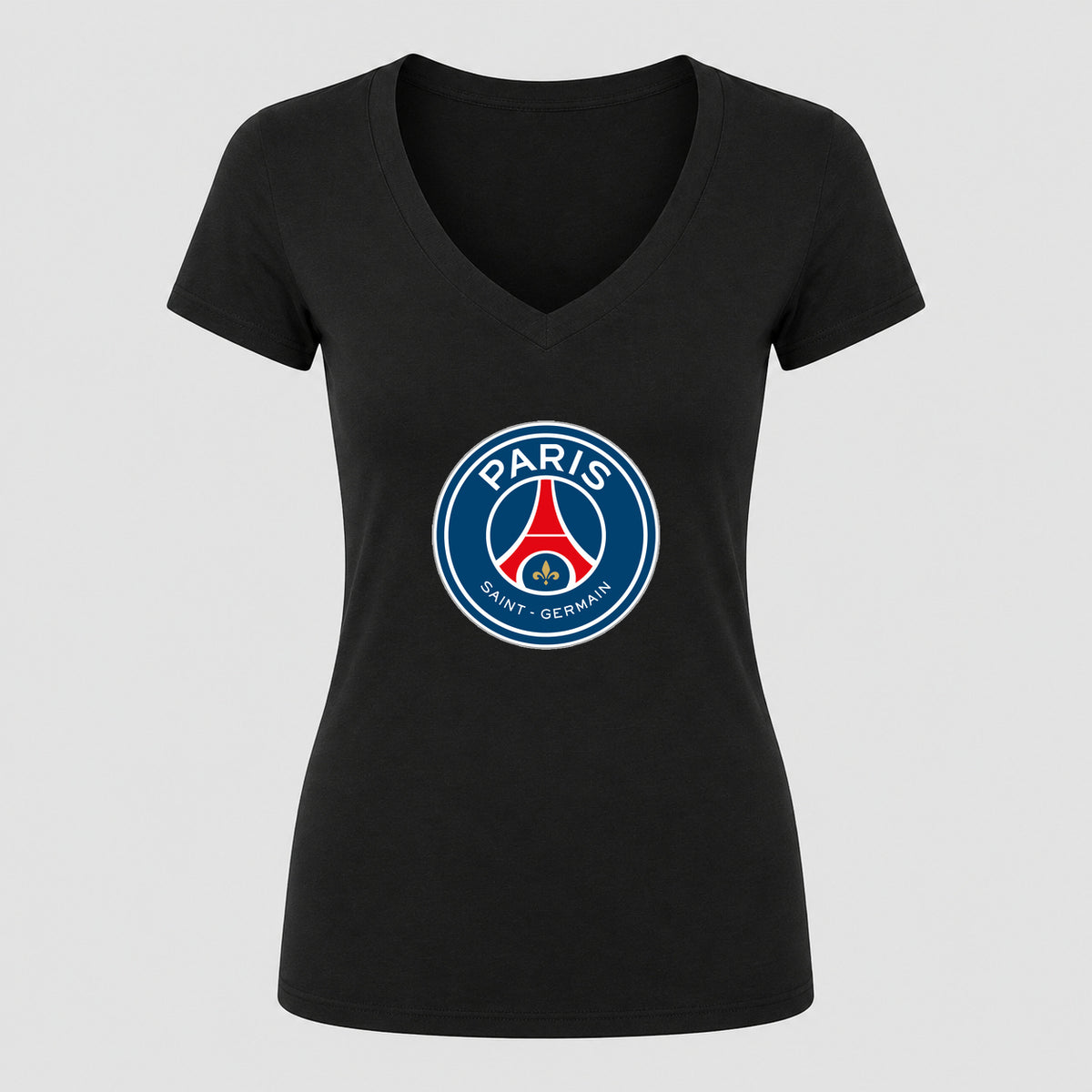 Women's Paris Saint-Germain Soccer V-Neck T-Shirt | Color: Black | Original artwork on Drive garment