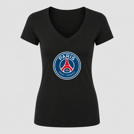 Women's Paris Saint-Germain Soccer V-Neck T-Shirt | Color: Black | Original artwork on Drive garment