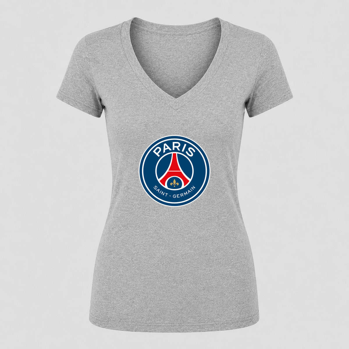 Women's Paris Saint-Germain Soccer V-Neck T-Shirt | Color: Gray | Original artwork on Drive garment