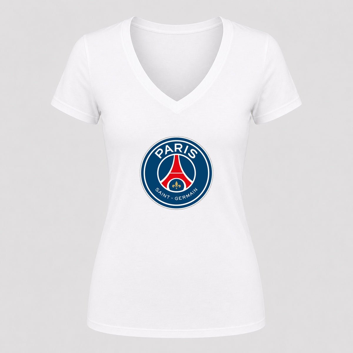 Women's Paris Saint-Germain Soccer V-Neck T-Shirt | Color: White | Original artwork on Drive garment