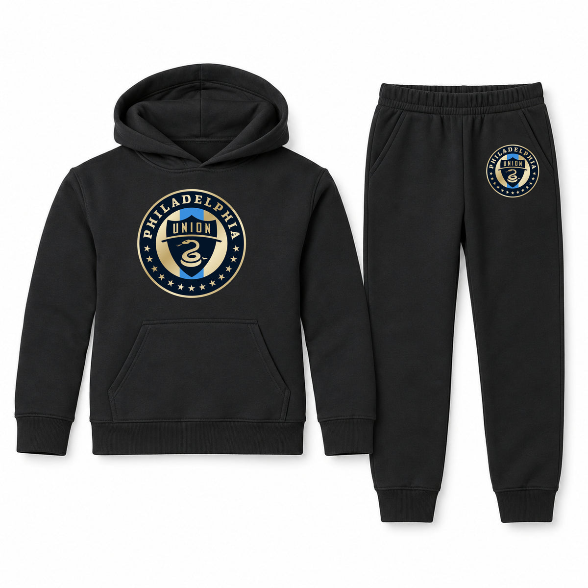 Philadelphia Union FC youth hoodie jogger set, Black, Youth Large ages 10–12
