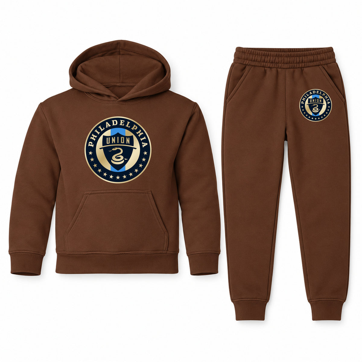 Philadelphia Union FC youth hoodie jogger set, Brown, Youth Large ages 10–12