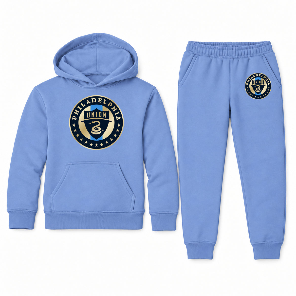 Philadelphia Union FC youth hoodie jogger set, Carolina Blue, Youth Large ages 10–12