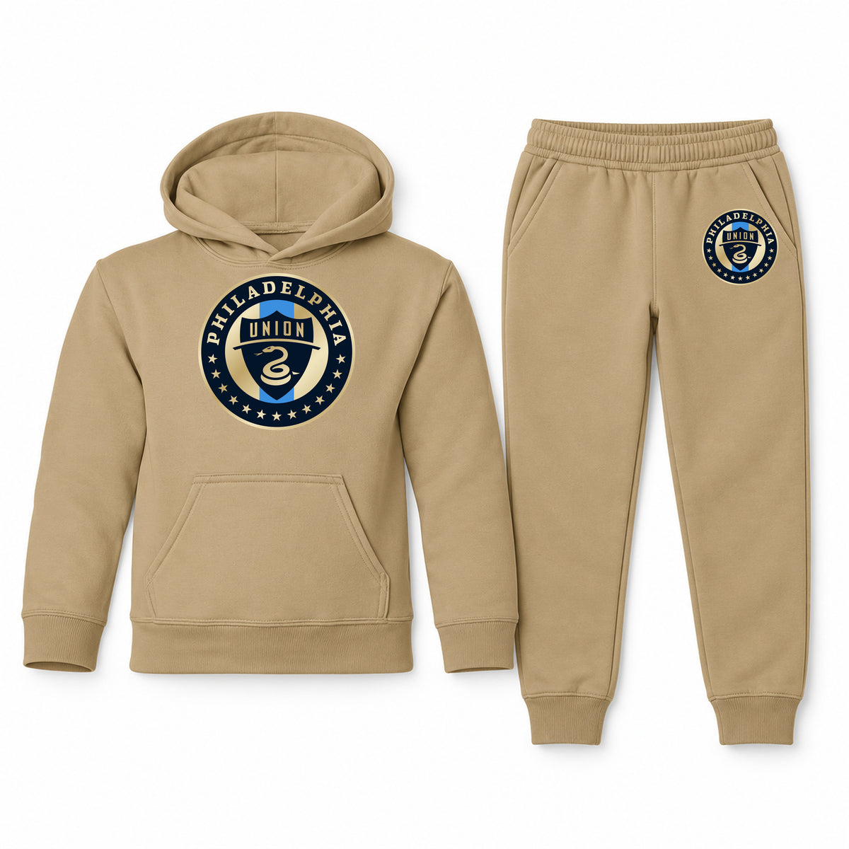 Philadelphia Union FC youth hoodie jogger set, Khaki, Youth Large ages 10–12