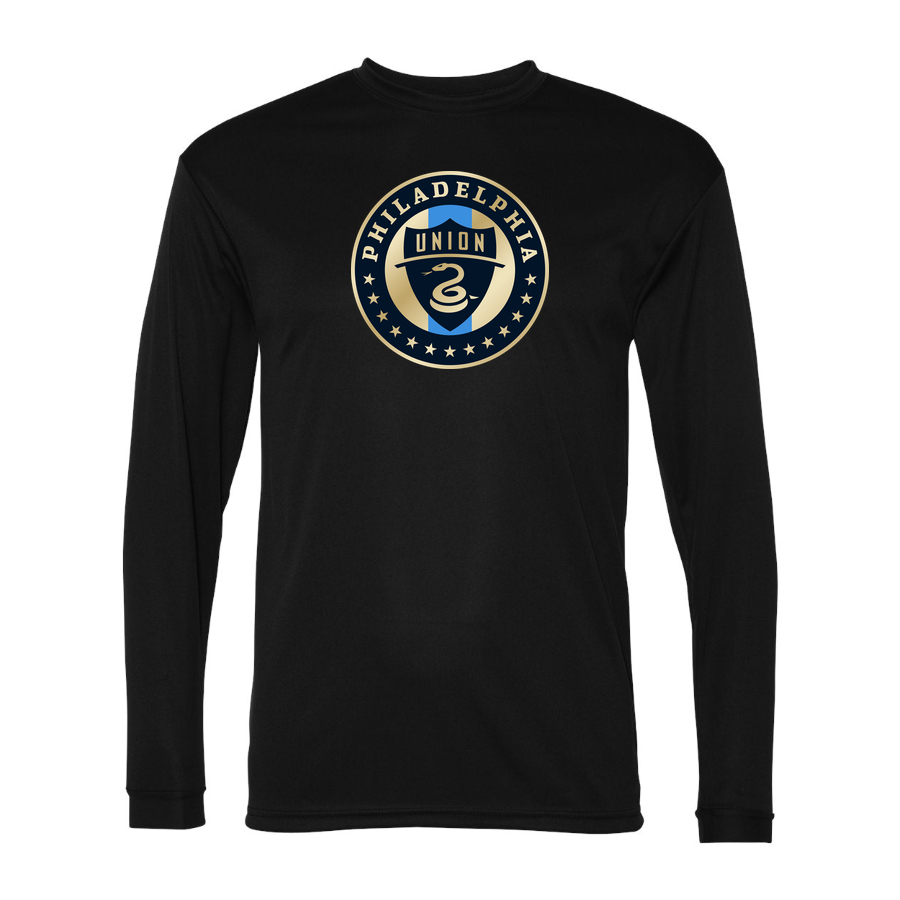 Men's Philadelphia Union FC Performance Long Sleeve T-Shirt | Color: Black | Original artwork on Drive garment