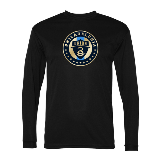 Men's Philadelphia Union FC Performance Long Sleeve T-Shirt | Color: Black | Original artwork on Drive garment