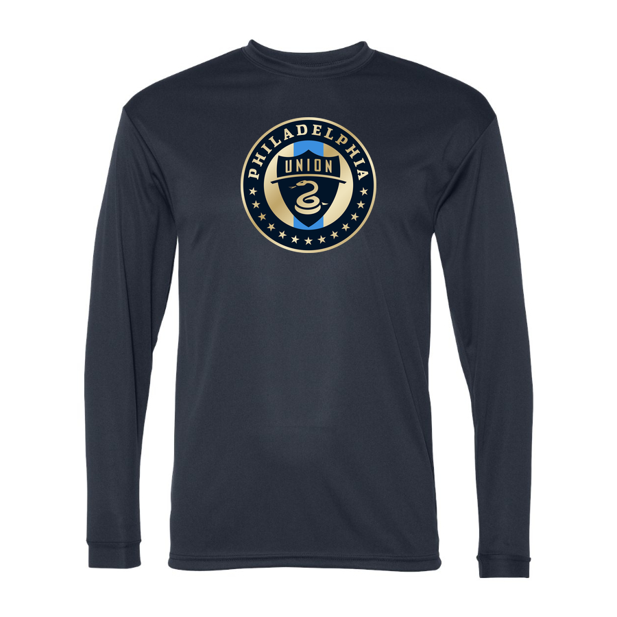 Men's Philadelphia Union FC Performance Long Sleeve T-Shirt | Color: Navy | Original artwork on Drive garment