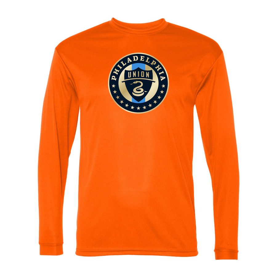 Men's Philadelphia Union FC Performance Long Sleeve T-Shirt | Color: Orange | Original artwork on Drive garment