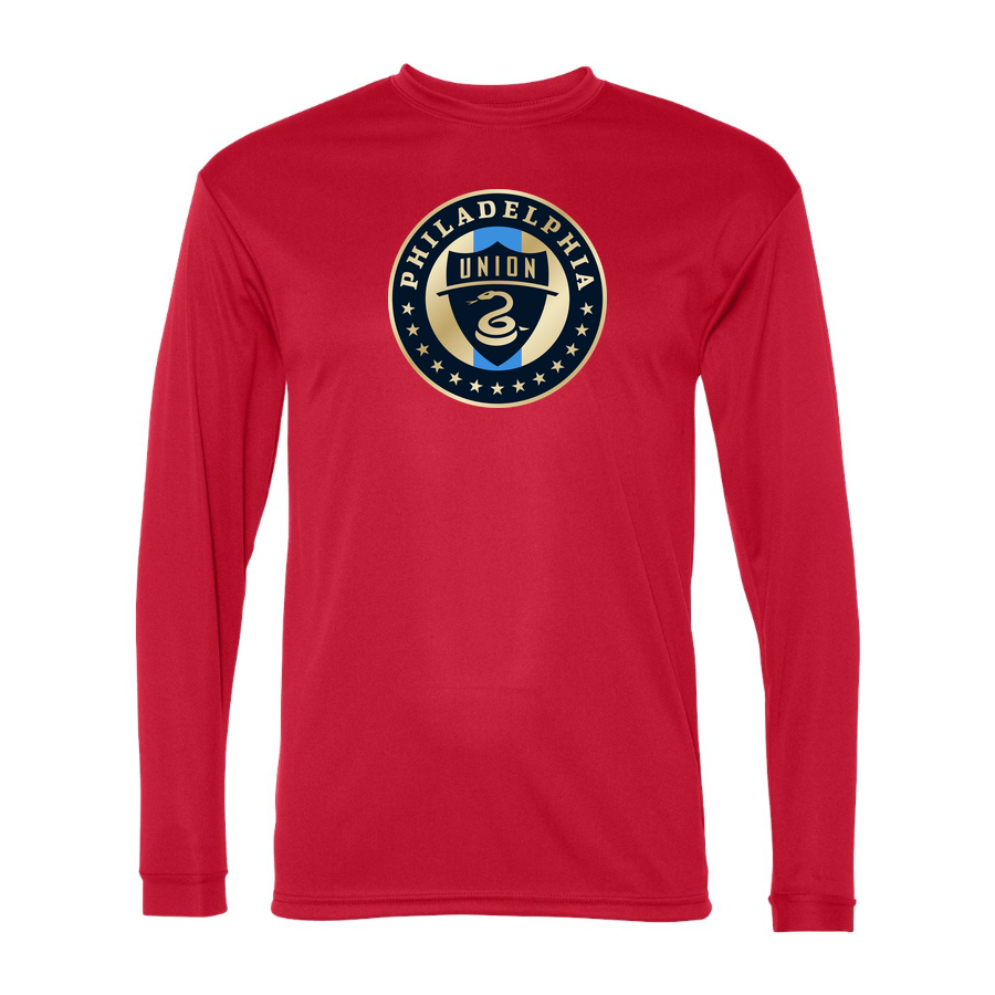 Men's Philadelphia Union FC Performance Long Sleeve T-Shirt | Color: Red | Original artwork on Drive garment