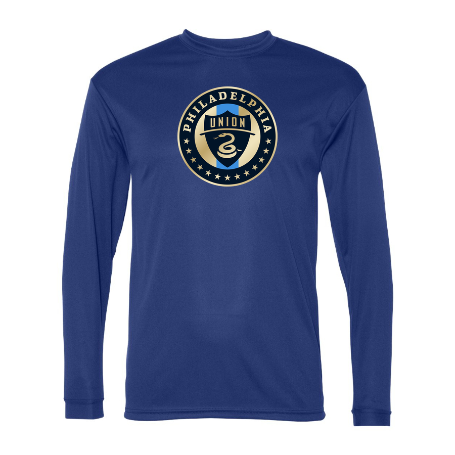 Men's Philadelphia Union FC Performance Long Sleeve T-Shirt | Color: Royal | Original artwork on Drive garment