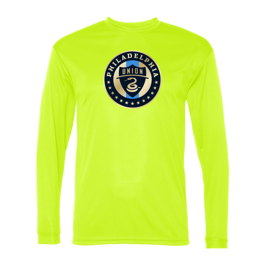 Men's Philadelphia Union FC Performance Long Sleeve T-Shirt | Color: Safety Yellow | Original artwork on Drive garment