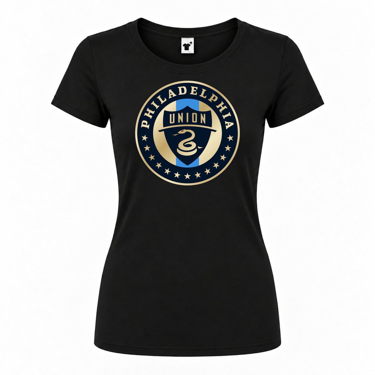 Women's Philadelphia Union FC Round Neck T-Shirt — Black — original logo on current Drive garment