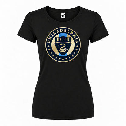 Women's Philadelphia Union FC Round Neck T-Shirt — Black — original logo on current Drive garment