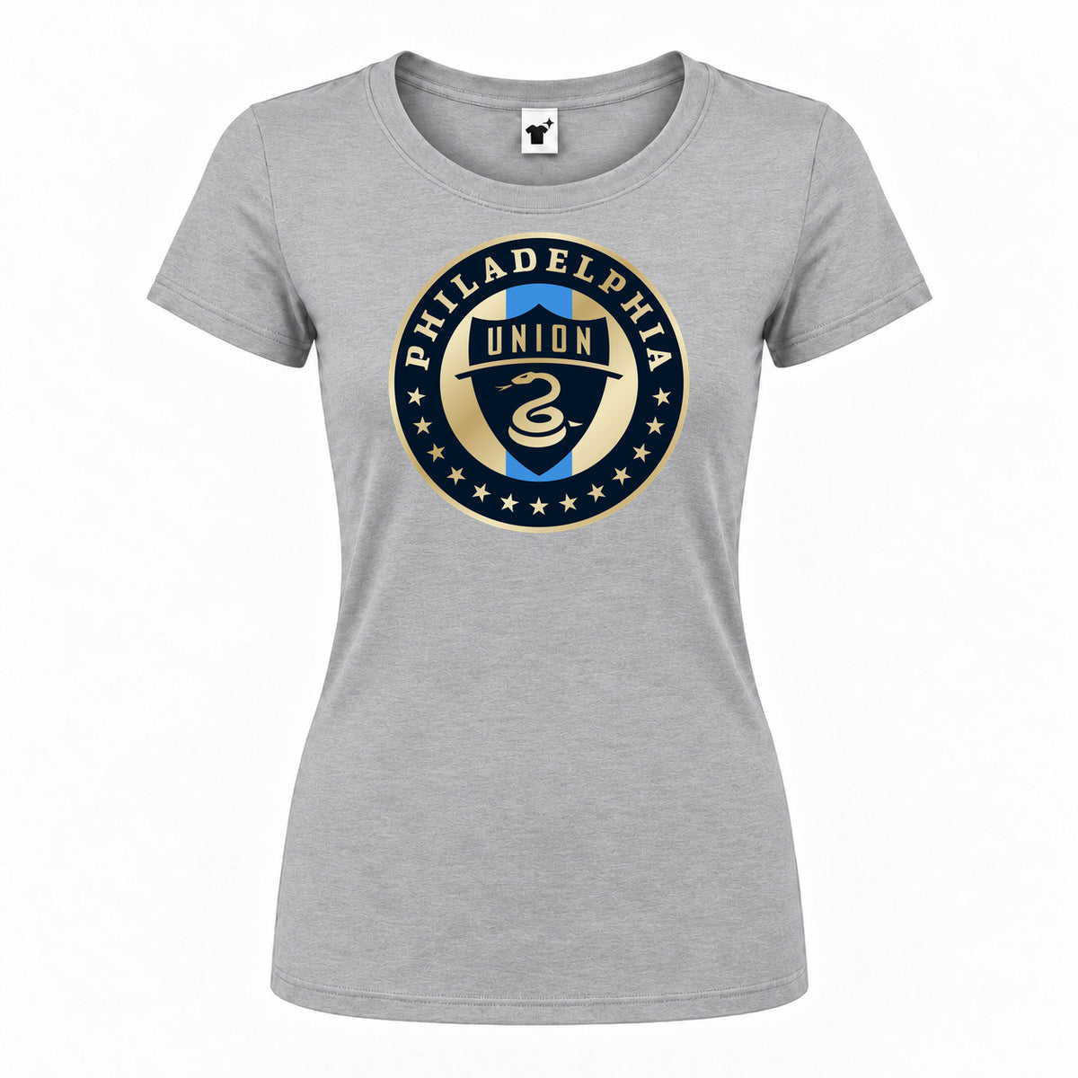 Women's Philadelphia Union FC Round Neck T-Shirt — Grey — original logo on current Drive garment