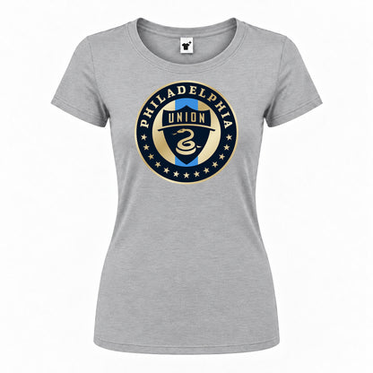 Women's Philadelphia Union FC Round Neck T-Shirt — Grey — original logo on current Drive garment