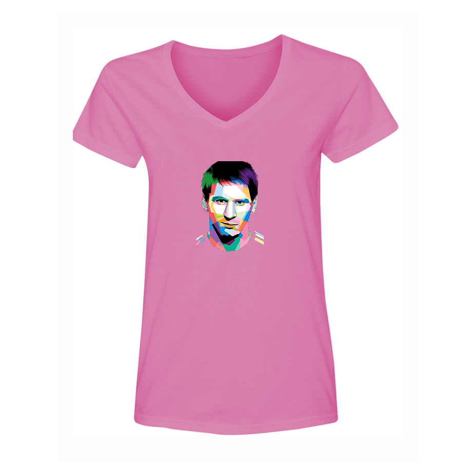 Women's Lionel Messi Face Art Soccer V-Neck T-Shirt