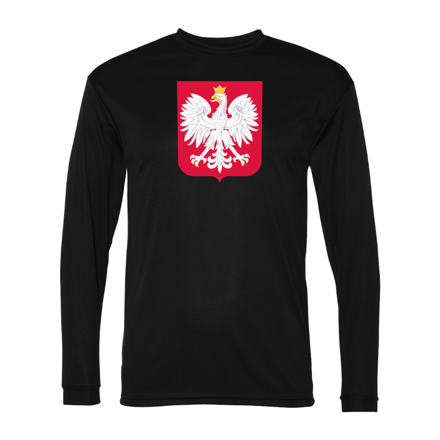Men's Poland National Soccer Team Performance Long Sleeve T-Shirt | Color: Black | Original artwork on Drive garment