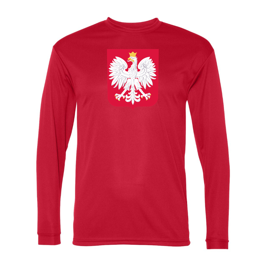 Men's Poland National Soccer Team Performance Long Sleeve T-Shirt | Color: Red | Original artwork on Drive garment