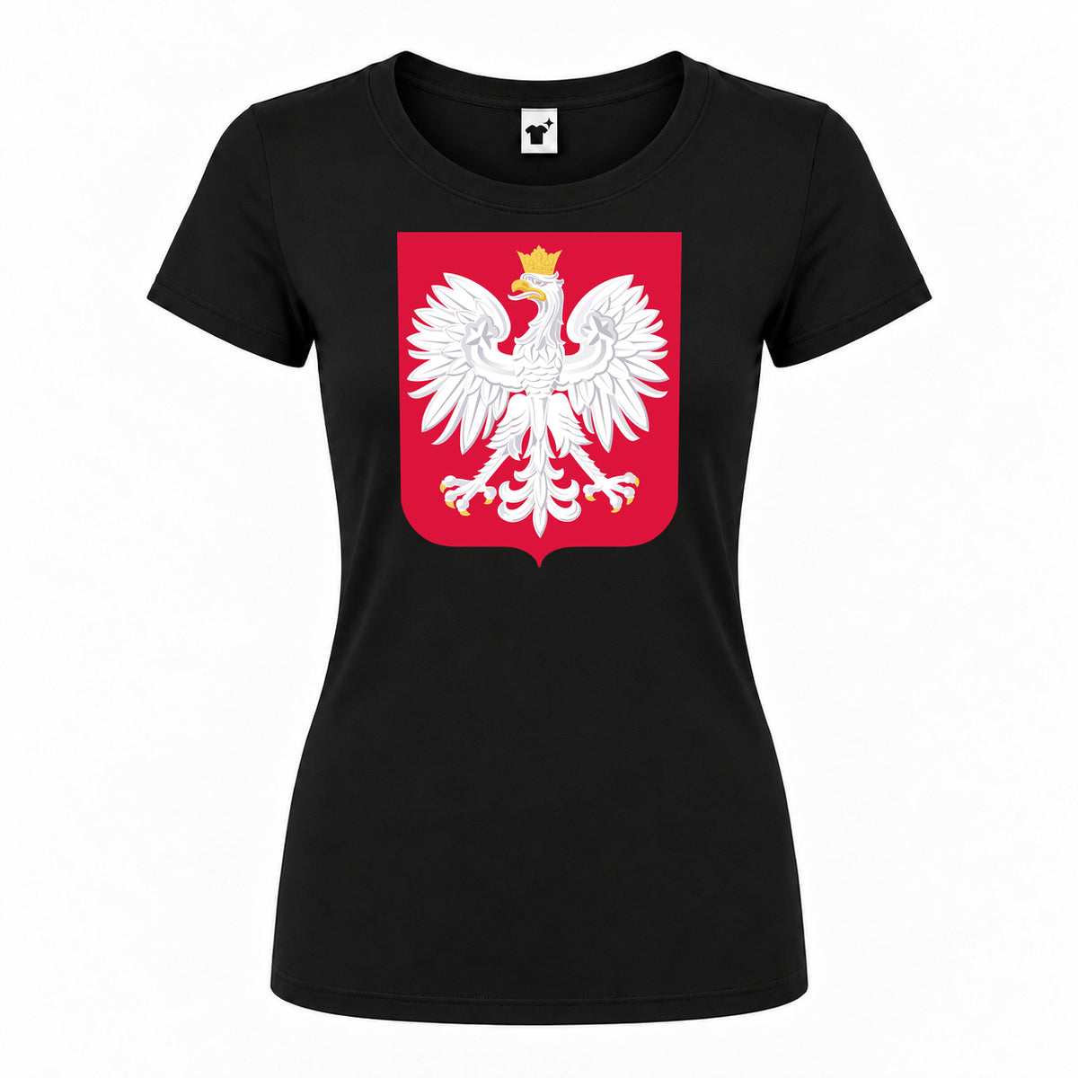 Women's Poland National Soccer Team Round Neck T-Shirt — Black — original logo on current Drive garment