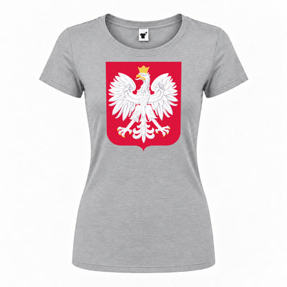 Women's Poland National Soccer Team Round Neck T-Shirt — Grey — original logo on current Drive garment