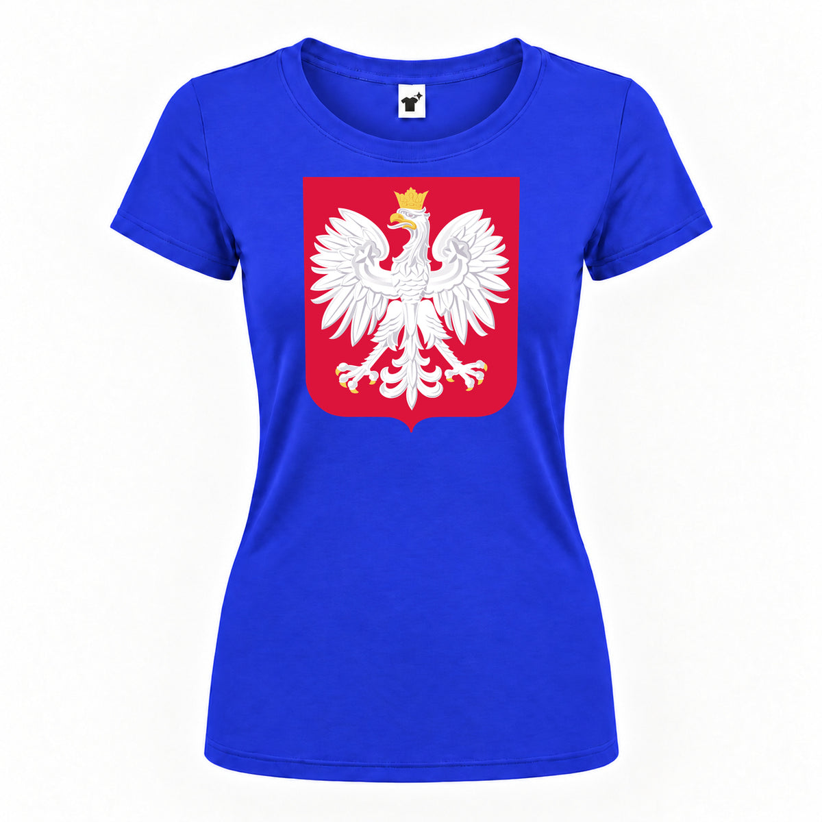 Women's Poland National Soccer Team Round Neck T-Shirt — Royal Blue — original logo on current Drive garment