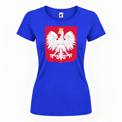 Women's Poland National Soccer Team Round Neck T-Shirt — Royal Blue — original logo on current Drive garment