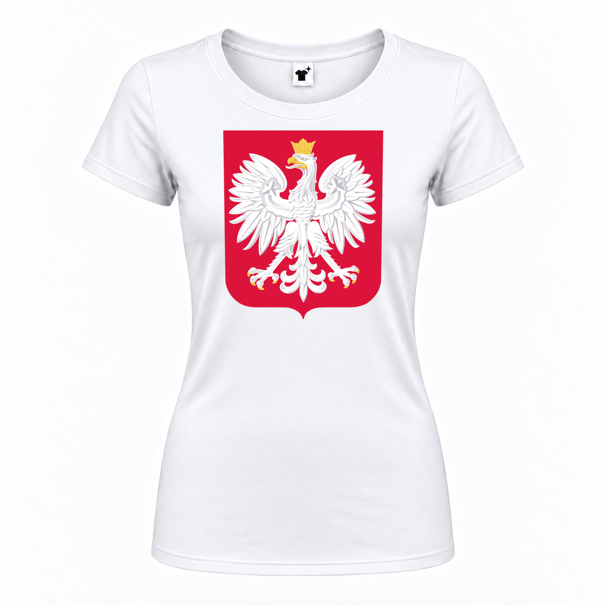 Women's Poland National Soccer Team Round Neck T-Shirt — White — original logo on current Drive garment